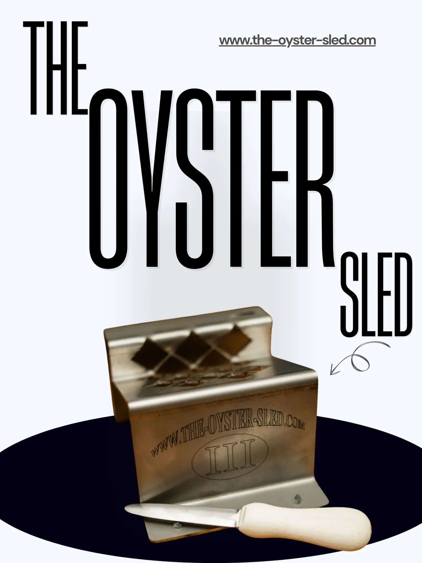 Stainless steel oyster shucking holder with white-handled oyster knife on display.