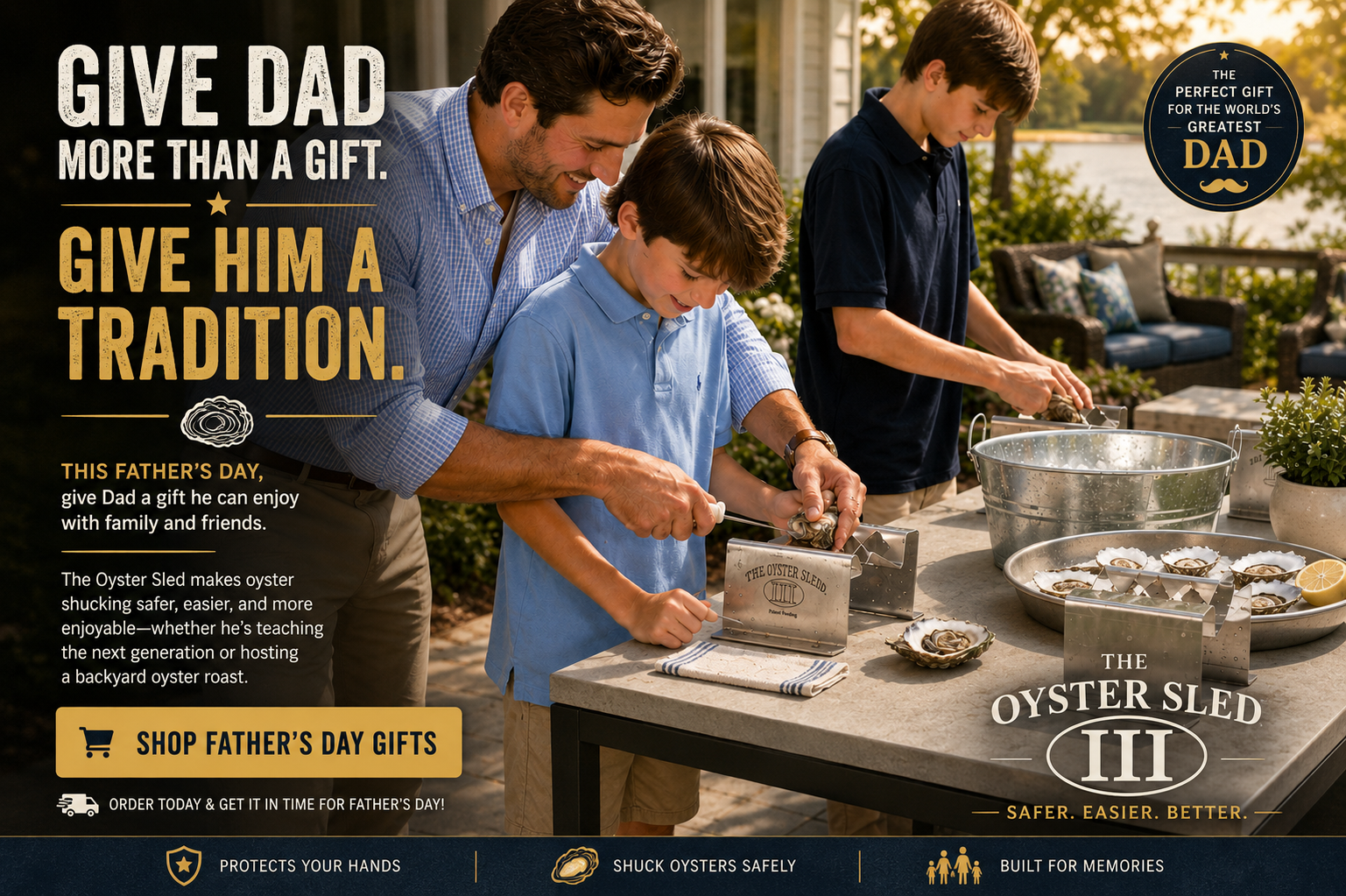 Father and son shucking oysters outdoors using the Oyster Sled with promotional text for a Father's Day gift.