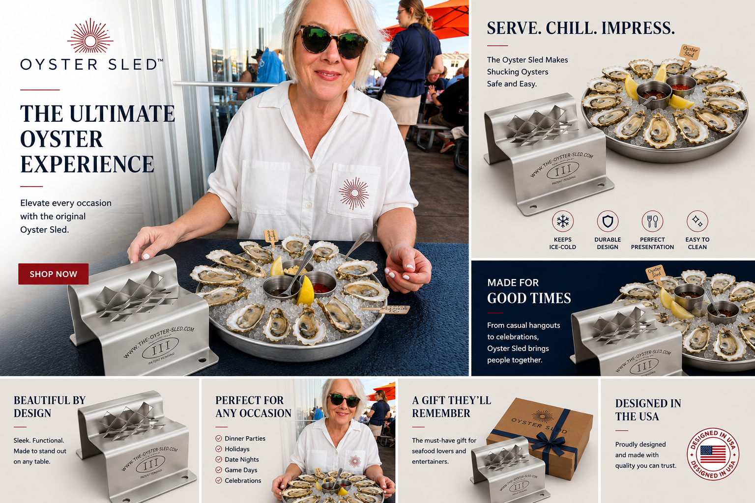 Advertisement for Oyster Sled with a woman serving oysters and product images.