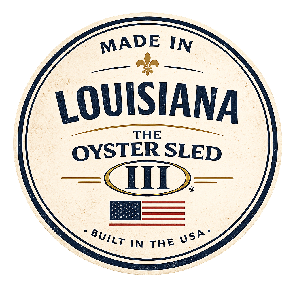 Logo for 'The Oyster Sled III' made in Louisiana with an American flag.