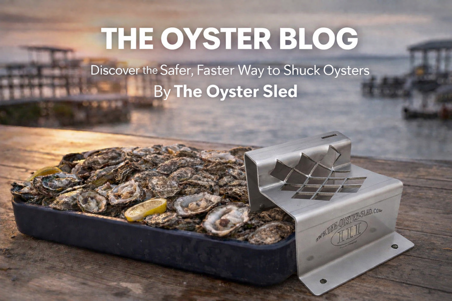 Oyster shucking tool on a tray with oysters by a waterfront, featuring 'The Oyster Blog' text.