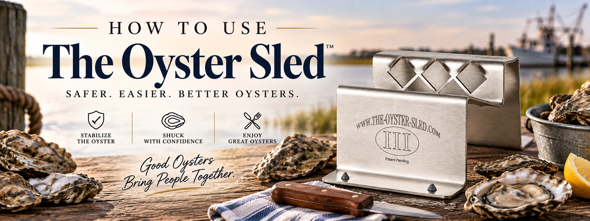 The Oyster Sled, oyster shucking too. 'HOW TO USE The Oyster Sled', an oyster shucker tool. Oyster stabilizer. 
