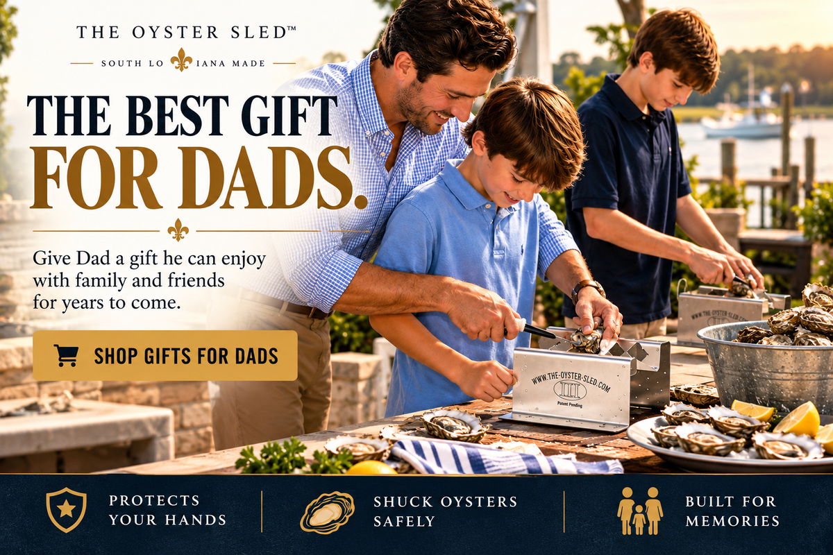 Father and son shucking oysters outdoors using the Oyster Sled with promotional best gifts for dads.
